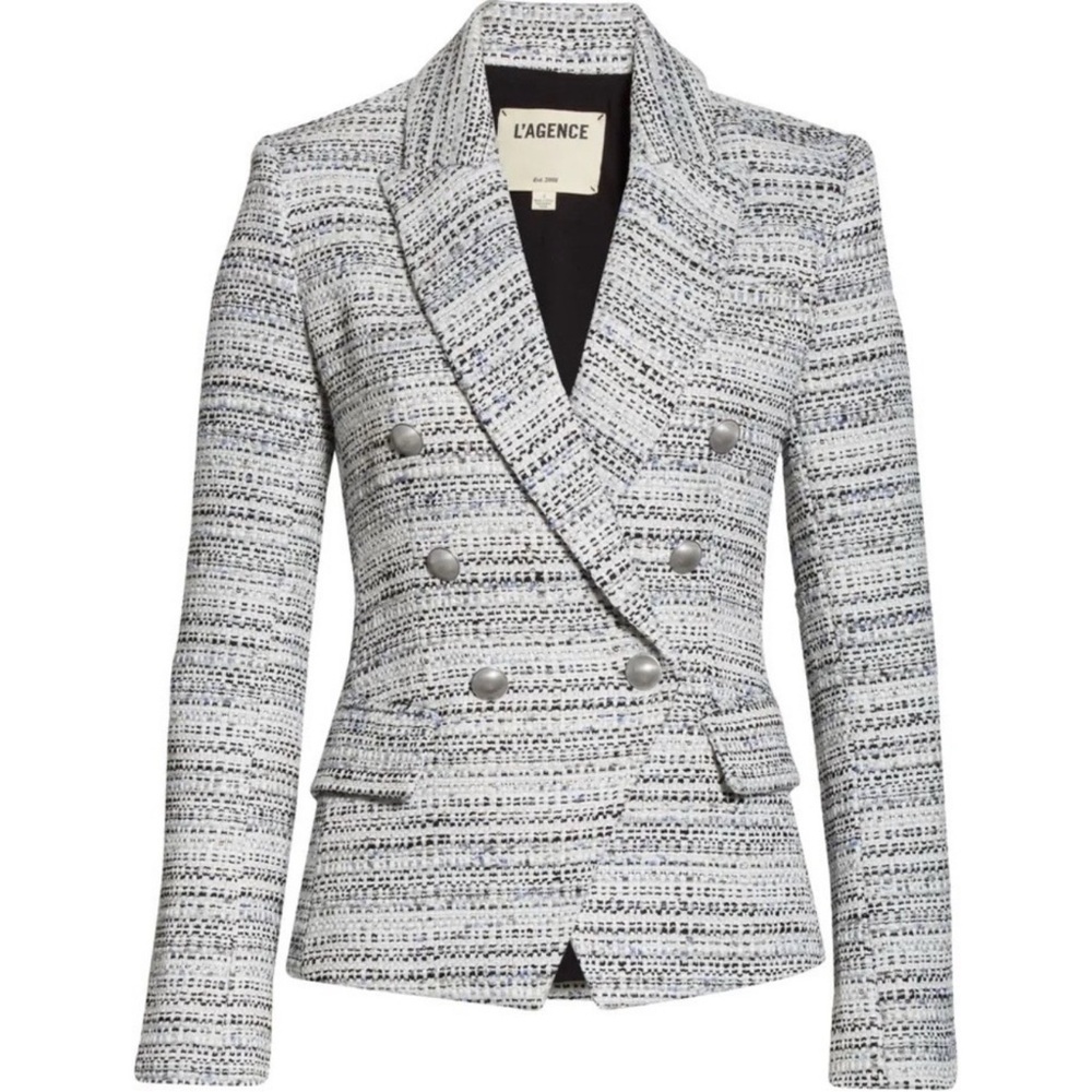 L’AGENCE Kenzie Tweed Double Breasted Blazer Blue Ivory Silver - Picture 2 of 8